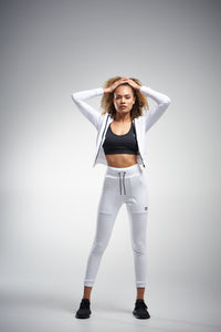 White joggers and white track jacket