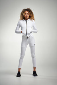 White joggers and white track jacket