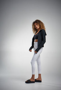 White joggers and black jackets