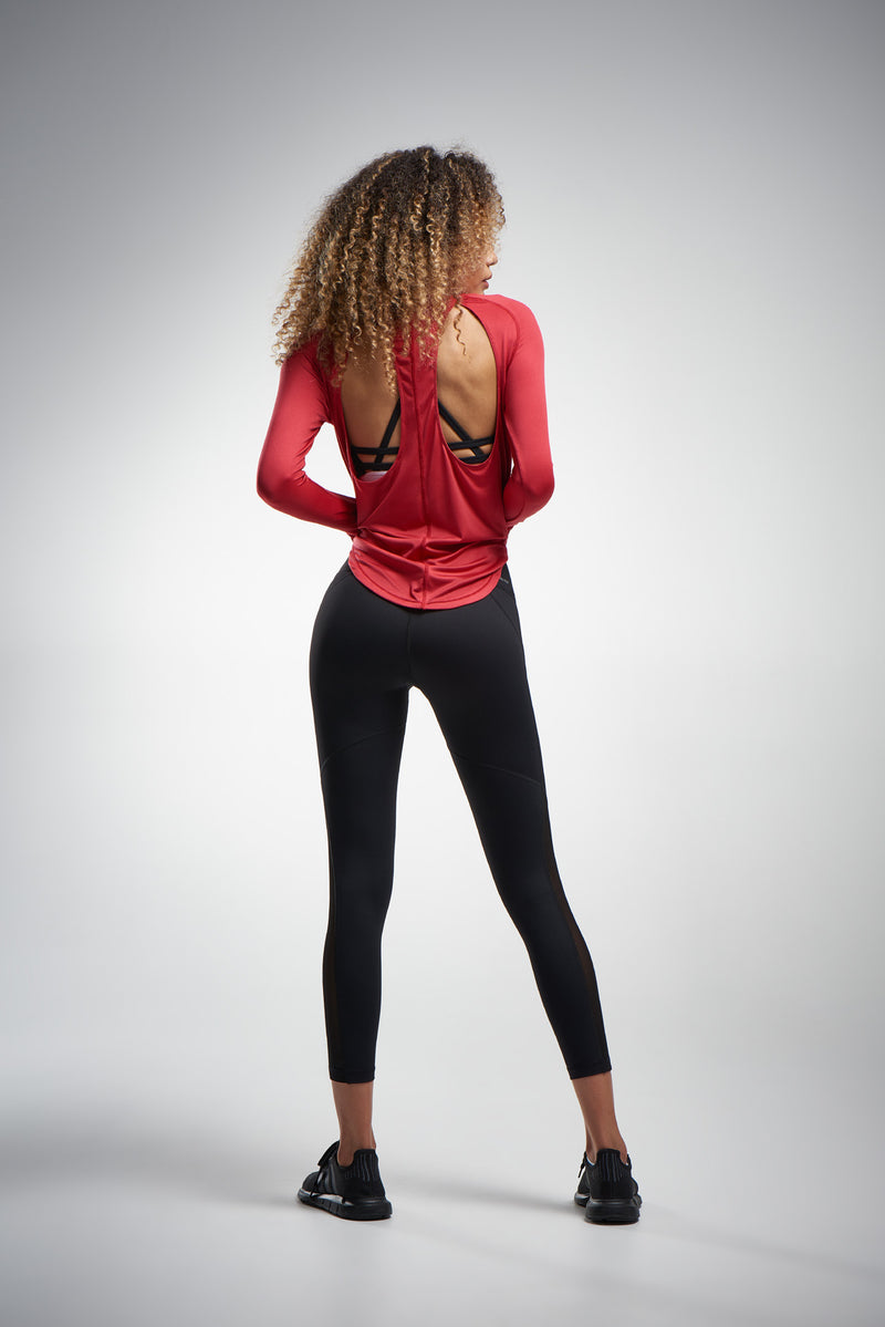 Open back red activewear long sleeve top