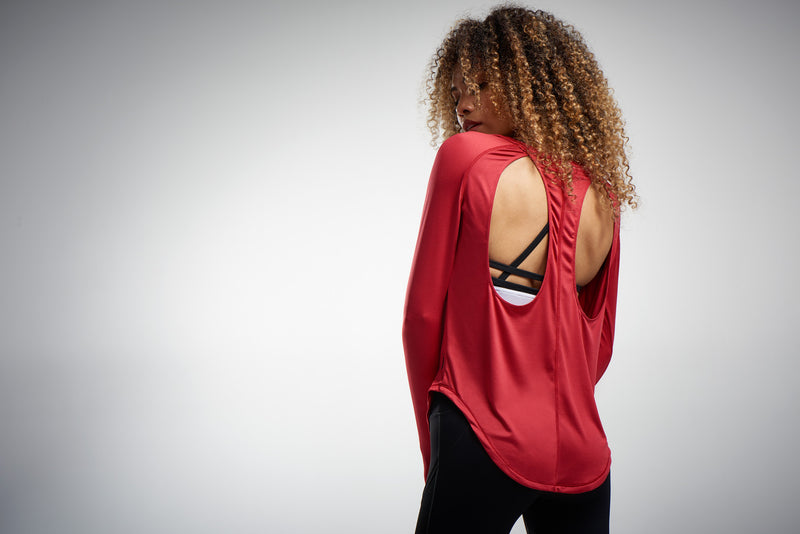 Open back red activewear long sleeve top