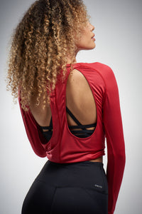 open back red activewear long sleeve top